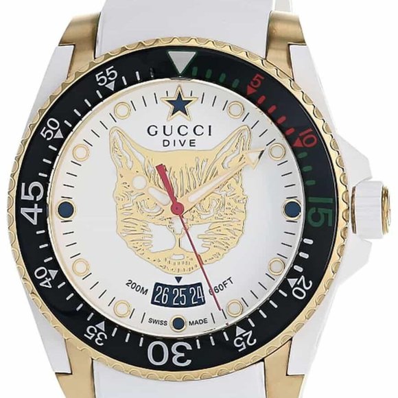 GUCCI DIVE NEW 40MM WHITE FELINE HEAD DIAL RUBBER MEN'S / UNISEX WATCH YA136322 - Picture 1 of 8